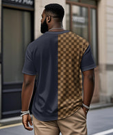 Men's Plus Size Daily Casual Blue Stitching Brown Plaid Letter Print Henry Collar Button Short Sleeve T-Shirt